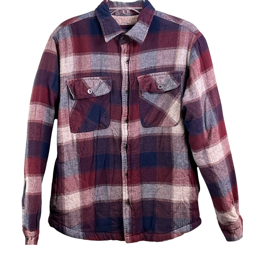 Grizzly Mountain‎ Gray Burgundy Button Flannel Shacket Sherpa Lined Men's Medium